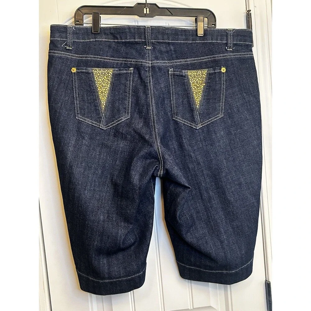 Wah Jeans Women’s 20W Dark Wash Denim Bermuda Shorts Gold Rhinestone Pockets XL